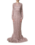 Pink Lace Long Sleeves Evening Gown Dress