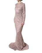 Pink Lace Long Sleeves Evening Gown Dress