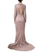 Pink Lace Long Sleeves Evening Gown Dress