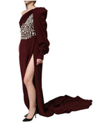 Maroon Crystal One Shoulder EveningGown Dress