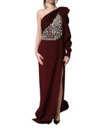 Maroon Crystal One Shoulder EveningGown Dress