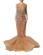 Brown Crystal Embellished Mermaid Gown Dress