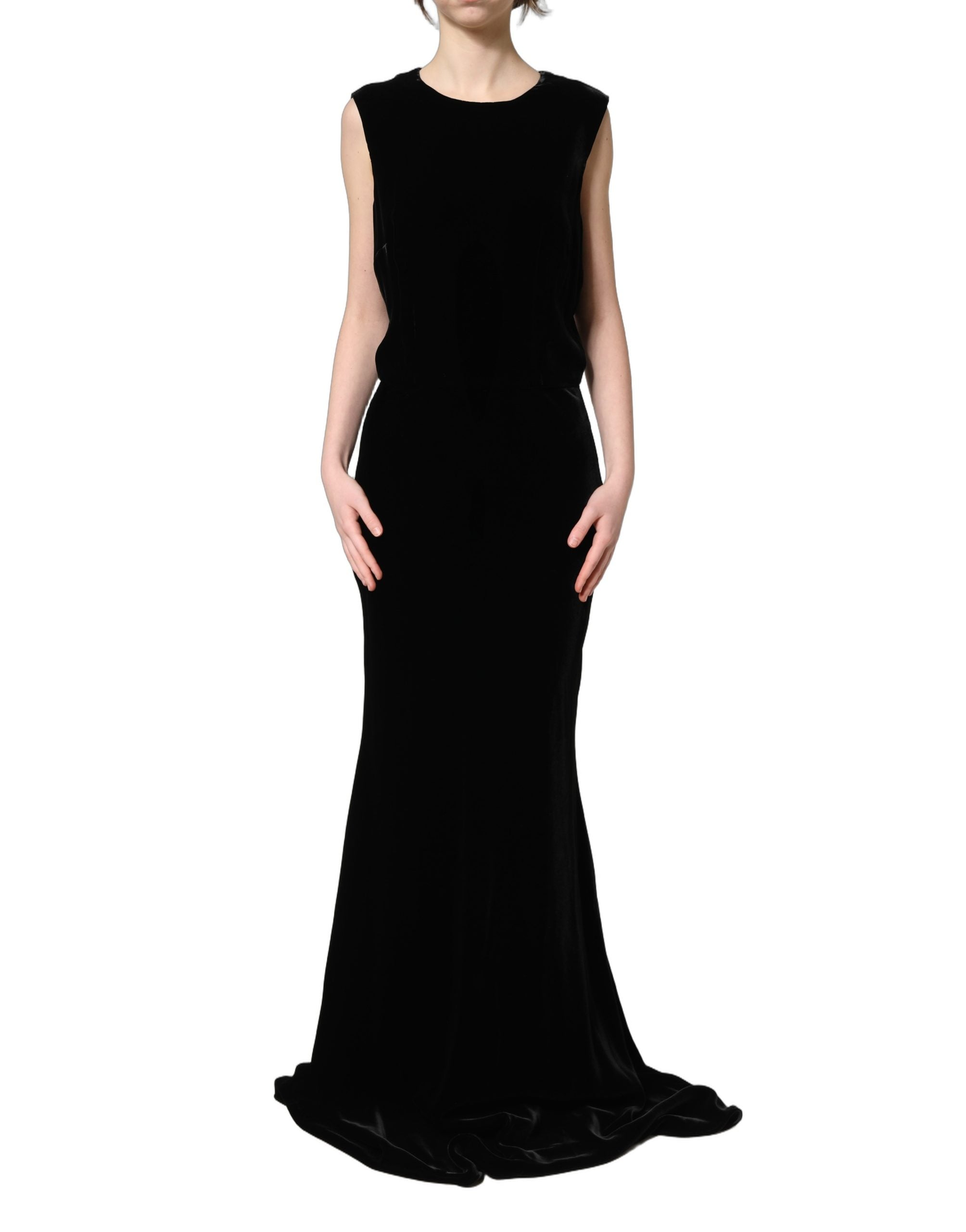 Black Viscose Velvet Floor Length Gown Dress