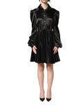 Black Satin Long Puff Sleeves Pleated Dress