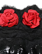 Black Strapless Red Rose Sequined Midi Dress