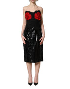 Black Strapless Red Rose Sequined Midi Dress