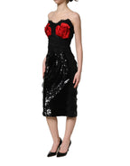 Black Strapless Red Rose Sequined Midi Dress