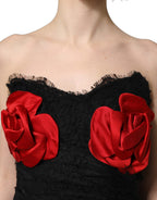 Black Strapless Red Rose Sequined Midi Dress