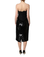 Black Strapless Red Rose Sequined Midi Dress