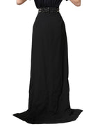 Black Crystal Embellished High Slit Skirt