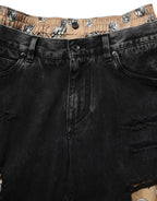 Black Distressed Cotton Straight Denim Jeans