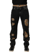 Black Distressed Cotton Straight Denim Jeans