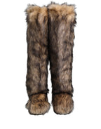 Brown Faux Skim Ski Fur Knee High Boots Shoes