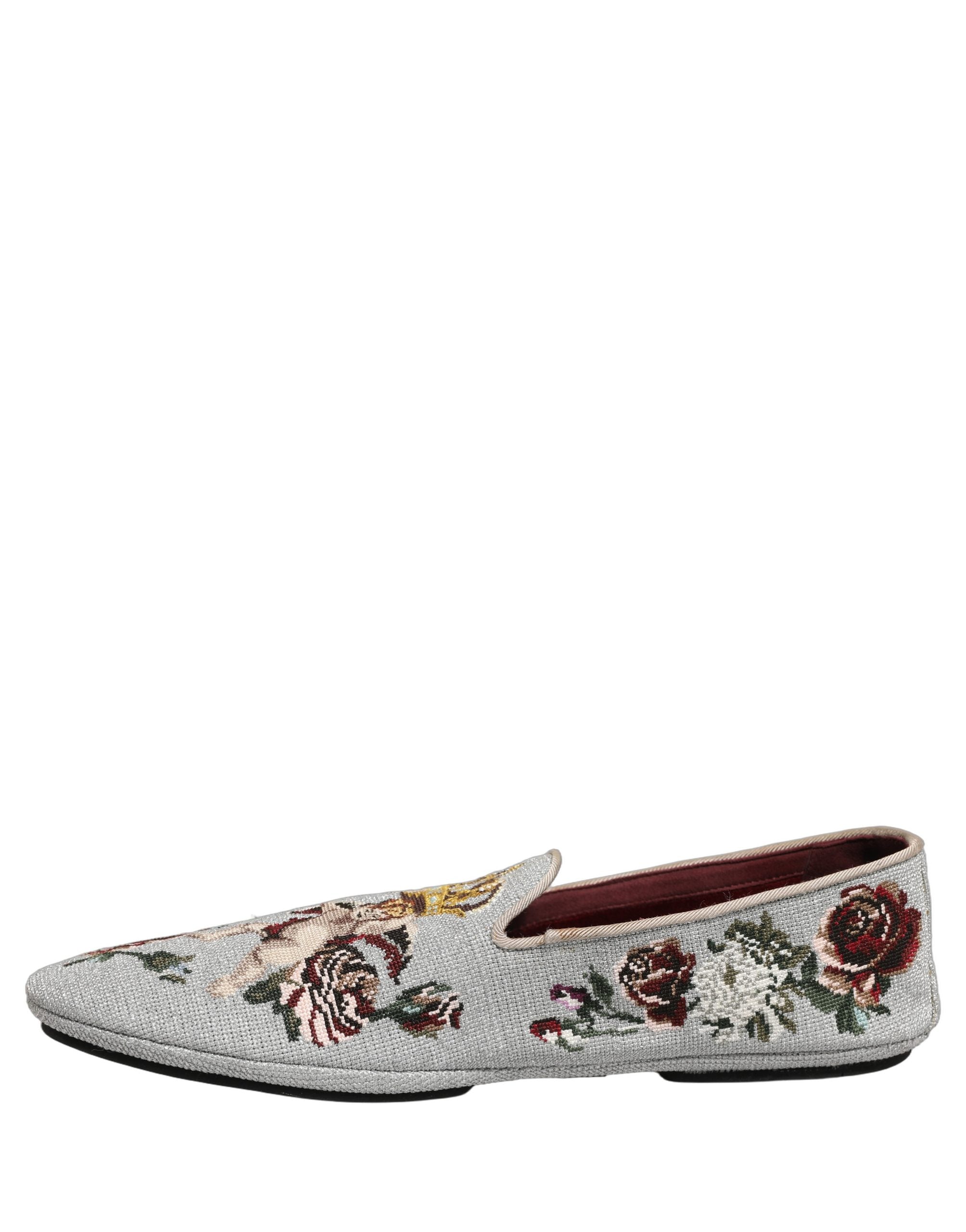 Gray Crown Rose Angel Embroidery Loafer Shoes