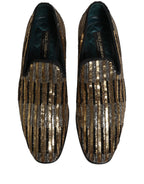 Gold Striped Sequin Embellished Loafer Shoes