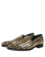Gold Striped Sequin Embellished Loafer Shoes
