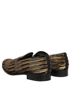 Gold Striped Sequin Embellished Loafer Shoes