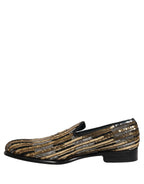 Gold Striped Sequin Embellished Loafer Shoes