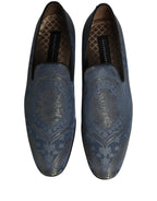 Blue Floral Brocade Slip On Loafers Shoes