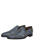 Blue Floral Brocade Slip On Loafers Shoes