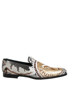 White Gold Sequined Slip On Loafers Shoes