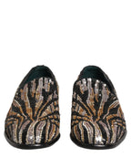 Gold Striped Sequin Embellished Loafer Shoes