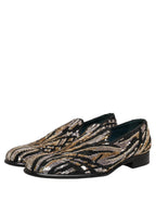 Gold Striped Sequin Embellished Loafer Shoes