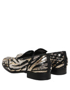 Gold Striped Sequin Embellished Loafer Shoes
