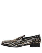 Gold Striped Sequin Embellished Loafer Shoes