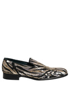 Gold Striped Sequin Embellished Loafer Shoes