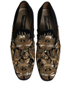 Black Gold Embroidery Dress Loafers Shoes