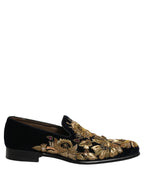 Black Gold Embroidery Dress Loafers Shoes