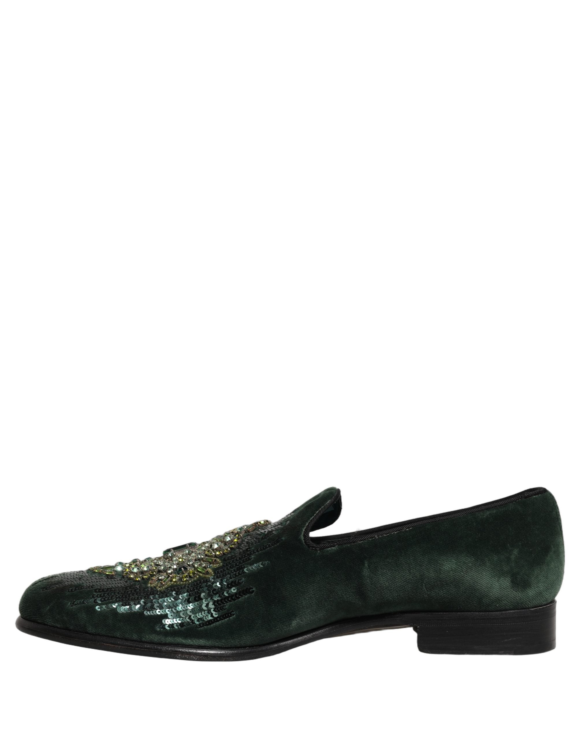 Green Velvet Embellished Dress Loafers Shoes