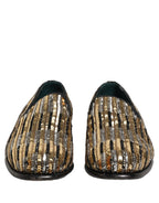 Gold Striped Sequin Embellished Loafer Shoes