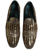 Gold Striped Sequin Embellished Loafer Shoes