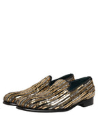 Gold Striped Sequin Embellished Loafer Shoes