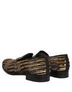 Gold Striped Sequin Embellished Loafer Shoes