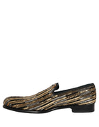 Gold Striped Sequin Embellished Loafer Shoes
