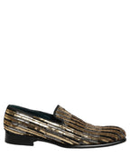 Gold Striped Sequin Embellished Loafer Shoes