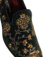 Green Floral Embroidery Dress Loafers Shoes