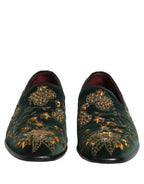 Green Floral Embroidery Dress Loafers Shoes