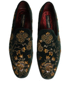 Green Floral Embroidery Dress Loafers Shoes