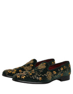 Green Floral Embroidery Dress Loafers Shoes
