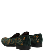 Green Floral Embroidery Dress Loafers Shoes