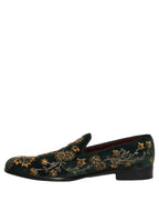 Green Floral Embroidery Dress Loafers Shoes