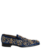 Blue Velvet Embellished Dress Loafers Shoes