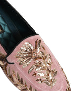 Pink Velvet Floral Embroidery Loafers Shoes