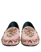 Pink Velvet Floral Embroidery Loafers Shoes