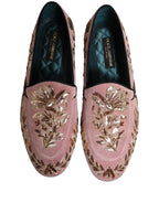Pink Velvet Floral Embroidery Loafers Shoes