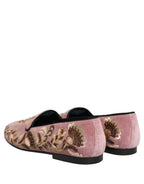 Pink Velvet Floral Embroidery Loafers Shoes
